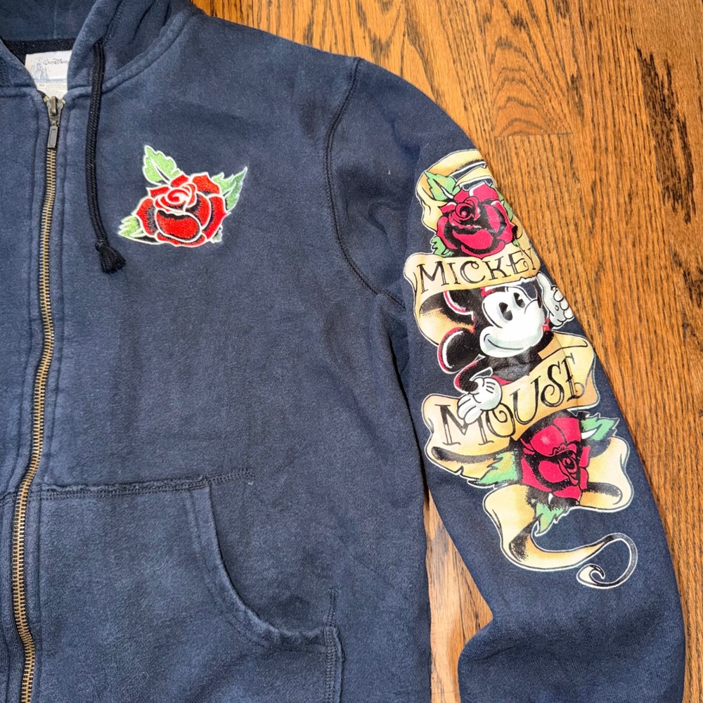 Disney Mickey Mouse Tattoo Rose Zip Hoodie XL Kids Fits Adult Small Black - Picture 3 of 12